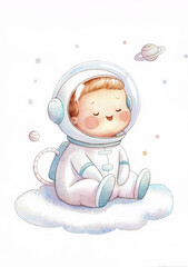 Smiling Baby Astronaut on a Cloud Surrounded by Stars and Planets. This adorable space-themed illustration, with its pastel tones and whimsical design, captures the joy and wonder of childhood dreams