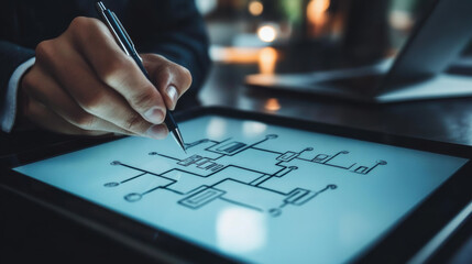 Fototapeta premium consultants hand is skillfully drawing flowchart on digital tablet, showcasing modern approach to visualizing processes and ideas. scene conveys professionalism and creativity