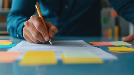 Close up of consultants hand writing notes on document surrounded by colorful sticky notes, showcasing focused and organized workspace