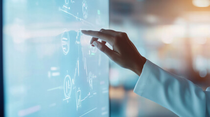 consultants hand interacts with digital touchscreen, showcasing advanced technology and data visualization. scene conveys sense of innovation and professionalism