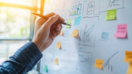 consultants hand is actively engaged in brainstorming and planning, using pen to annotate whiteboard filled with colorful sticky notes and diagrams. This scene captures essence of collaboration and