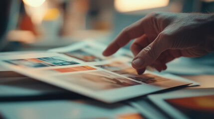 close up of hand flipping through portfolio filled with various images, showcasing creativity and artistic expression. warm tones and soft focus create inviting atmosphere