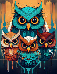 Obraz premium Vibrant Stylized Owls Illustration