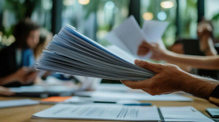 close up of hand placing stack of reports on table, surrounded by people engaged in discussion. atmosphere is focused and collaborative, highlighting importance of teamwork in professional setting