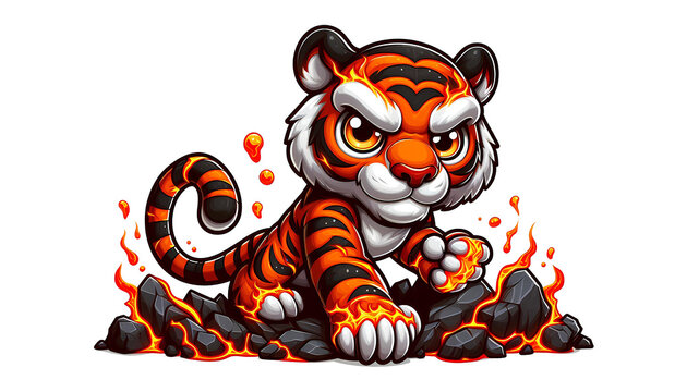 tiger cartoon character, made from magma, ready to attact, isolated white background