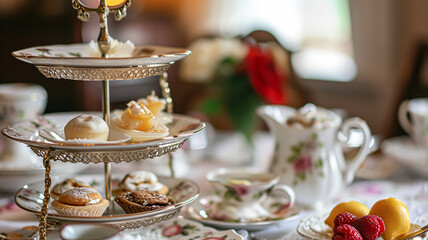 Elegant table setting for tea party with cakes and cupcakes in English manor. Vintage style.