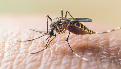 A close-up image of a mosquito feeding on human skin, highlighting its detailed anatomy and behavior.