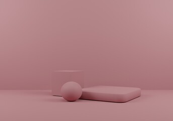 Pink Geometric Objects: Cube, Ball, and Rounded Platform in a Minimalist Scene