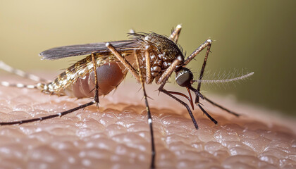 Obraz premium A close-up image of a mosquito resting on human skin, highlighting its features and the interaction with the host.