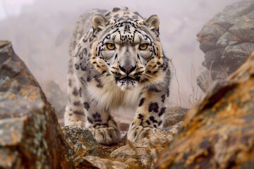 Obraz premium a snow leopard's gaze is intense as it navigates the rugged landscape. This image captures the essence of survival and the raw beauty of this endangered species in its frigid home.