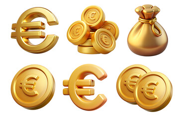 A set of 3D Euro coins and bills, including a bag of money and various icons, ideal for finance and investment presentations, showcasing wealth and prosperity in a modern design.