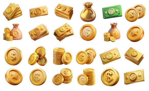 A set of 3D dollar coins and bills, including a bag of money and various icons, ideal for finance and investment presentations, showcasing wealth and prosperity in a modern design.