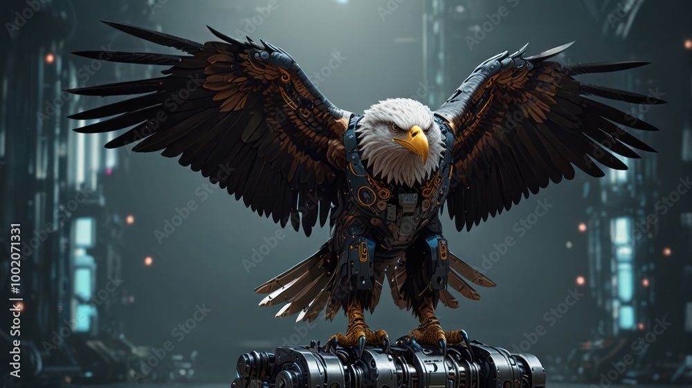 Poster A robotic eagle with outstretched wings stands on a metal pipe in a futuristic cityscape.