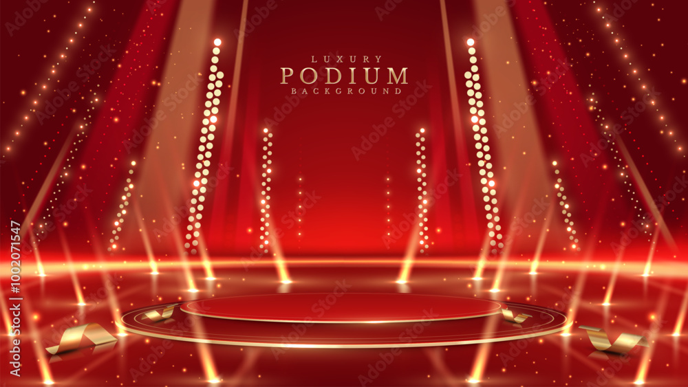 Canvas Prints golden empty podium on red background with neon light effects and bokeh decorations. luxury scene de