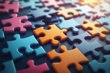 Obraz premium Colorful puzzle pieces scattered across surface create engaging and vibrant visual. interplay of shapes and colors evokes sense of curiosity and playfulness