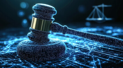 Obraz premium Digital gavel representing justice and law in futuristic setting, surrounded by abstract data patterns and scale of justice in background