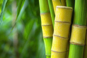 Fototapeta premium Lush green bamboo stalks create vibrant and serene atmosphere, showcasing beauty of nature. bright yellow hues of bamboo add touch of warmth to scene, inviting tranquility