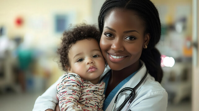 caring pediatrician holds child in hospital setting, showcasing compassion and professionalism. warm atmosphere highlights bond between doctor and patient