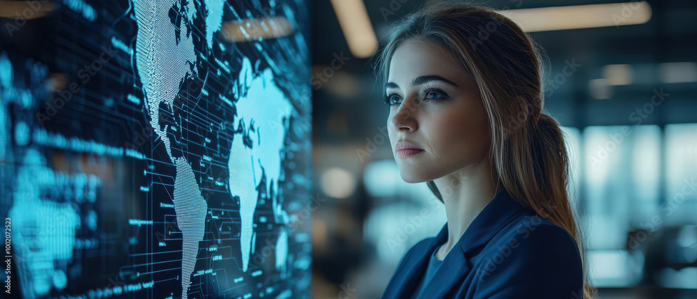 Wall mural focused businesswoman analyzes data on digital screen in modern office environment, showcasing her d