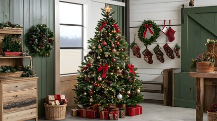 Classic Christmas tree adorned with red ribbons, golden lights, rustic pine cones, and traditional ornaments, creating a cozy and festive holiday atmosphere