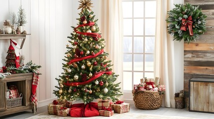 Classic Christmas tree adorned with red ribbons, golden lights, rustic pine cones, and traditional ornaments, creating a cozy and festive holiday atmosphere
