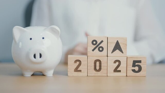 2025 New year with percentage change to UP and Down arrow with piggy. Interest rate, GDP, stocks market, financial, deflation and Inflation, mortgage, debt, Loan and Economic Recession