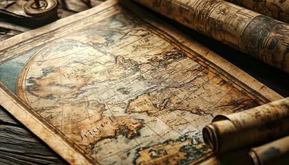 Fototapeta premium Antique maps of old cities or unexplored territories, with faded colors and intricate details, giving a historic and adventurous vibe.