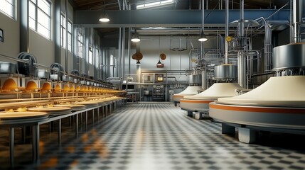 Fototapeta premium A modern dairy processing plant producing milk and cheese with automated systems, dairy production process, food manufacturing.