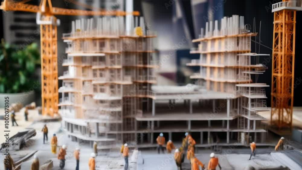 Aufkleber miniature construction workers are busy working on a scale model of a modern building, illustrating 