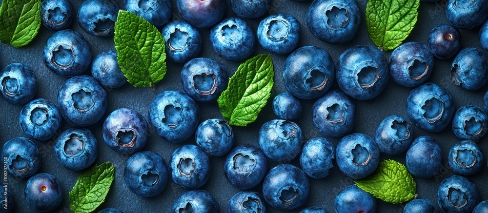 Wall mural Close-up shot of fresh blueberries and mint leaves on a dark blue background.