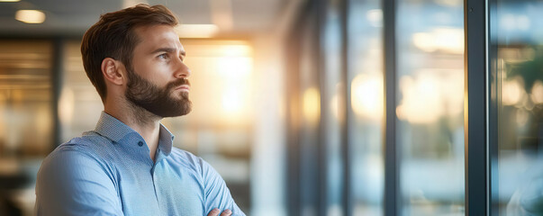 Obraz premium thoughtful entrepreneur gazes out of modern office window, reflecting on future possibilities as sun sets. atmosphere is filled with ambition and contemplation