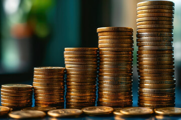 Stacks of golden coins are arranged in ascending order, symbolizing growth and prosperity. warm tones and soft focus create inviting atmosphere, perfect for financial themes