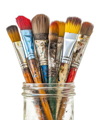 Fototapeta premium Set of colorful artist paint brushes in glass jar isolated on white transparent background 