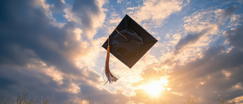 graduation cap is joyfully tossed into air against stunning sunset backdrop, symbolizing achievement and new beginnings. vibrant sky enhances celebratory mood - Powered by Adobe