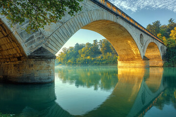 Fototapeta premium A serene landscape featuring a stone bridge arching over calm water, reflecting nature's beauty in the early morning light.