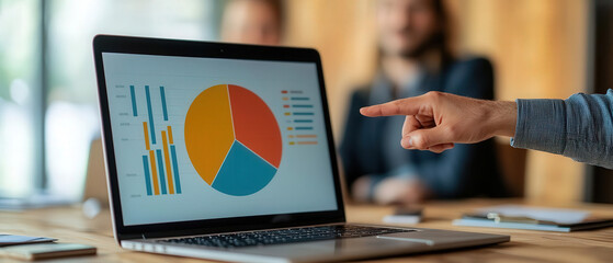 marketer is pointing at colorful pie chart and bar graph displayed on laptop screen during business meeting. atmosphere is focused and collaborative, highlighting data analysis