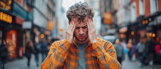 Feeling overwhelmed in busy urban environment, man presses his hands against his temples, expressing stress and frustration. bustling street scene adds to intensity of his emotions