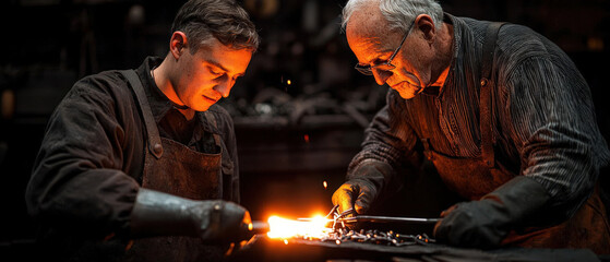 master blacksmith teaches young apprentice art of forging metal, showcasing skill and tradition in dimly lit workshop filled with sparks and tools