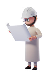 3D character of a man wearing a hard hat and glasses, holding a blueprint isolated on a white background. Concept of construction and architecture. 3D Rendering