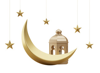 Golden crescent moon, traditional lantern, hanging stars on white background. 3D Rendering. Concept of Ramadan celebration and festivity © ImageFlow
