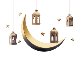 Ramadan decorations with golden lanterns and crescent moon, hanging stars, 3D rendering, isolated on white background. Concept of celebration © ImageFlow