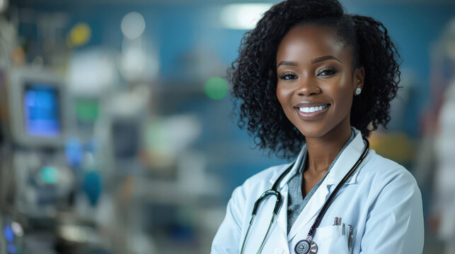 confident African woman in medical coat smiles warmly in hospital setting, showcasing her professionalism and dedication to healthcare