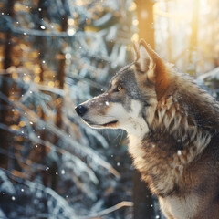 Naklejka premium Majestic wolf enjoying winter sun in snowy forest