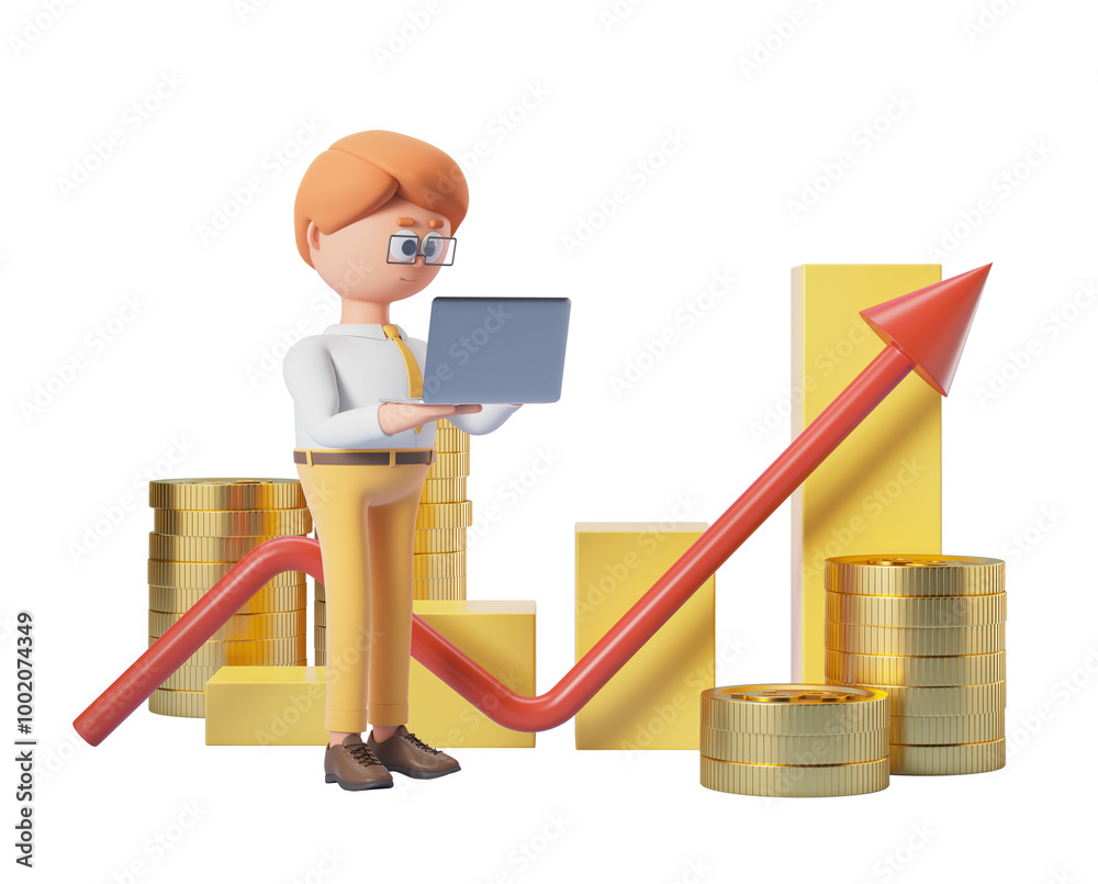 Poster cartoon character using a laptop with stacks of coins and a rising arrow in the background. isolated