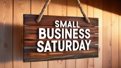 Wooden hanging sign with rope displaying Small Business Saturday, set against a natural wood grain