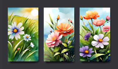 Set of cards with illustration of autumn and spring landscape with a wish of a good day, water color painting style, banner and template design.