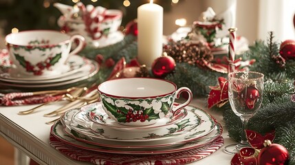 Fototapeta premium Elegant Christmas-themed dinner table setting with festive red and green decor, featuring holiday dinnerware and a candle centerpiece. Perfect for seasonal celebrations and family gatherings
