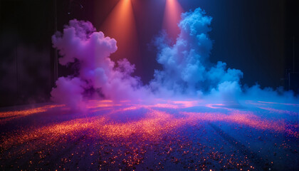 Atmospheric stage lights with clouds and glowing embers, surreal effect in blue and pink tones