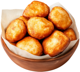Delicious golden fried dough balls in a wooden bowl on paper. isolated on transparent background. cut out. PNG