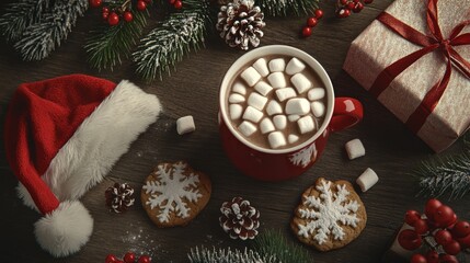 A bird's-eye view of a cozy Christmas scene. Cookies, hot cocoa with marshmallows, a wrapped gift, and a Santa hat spread out, making it feel like the holidays.